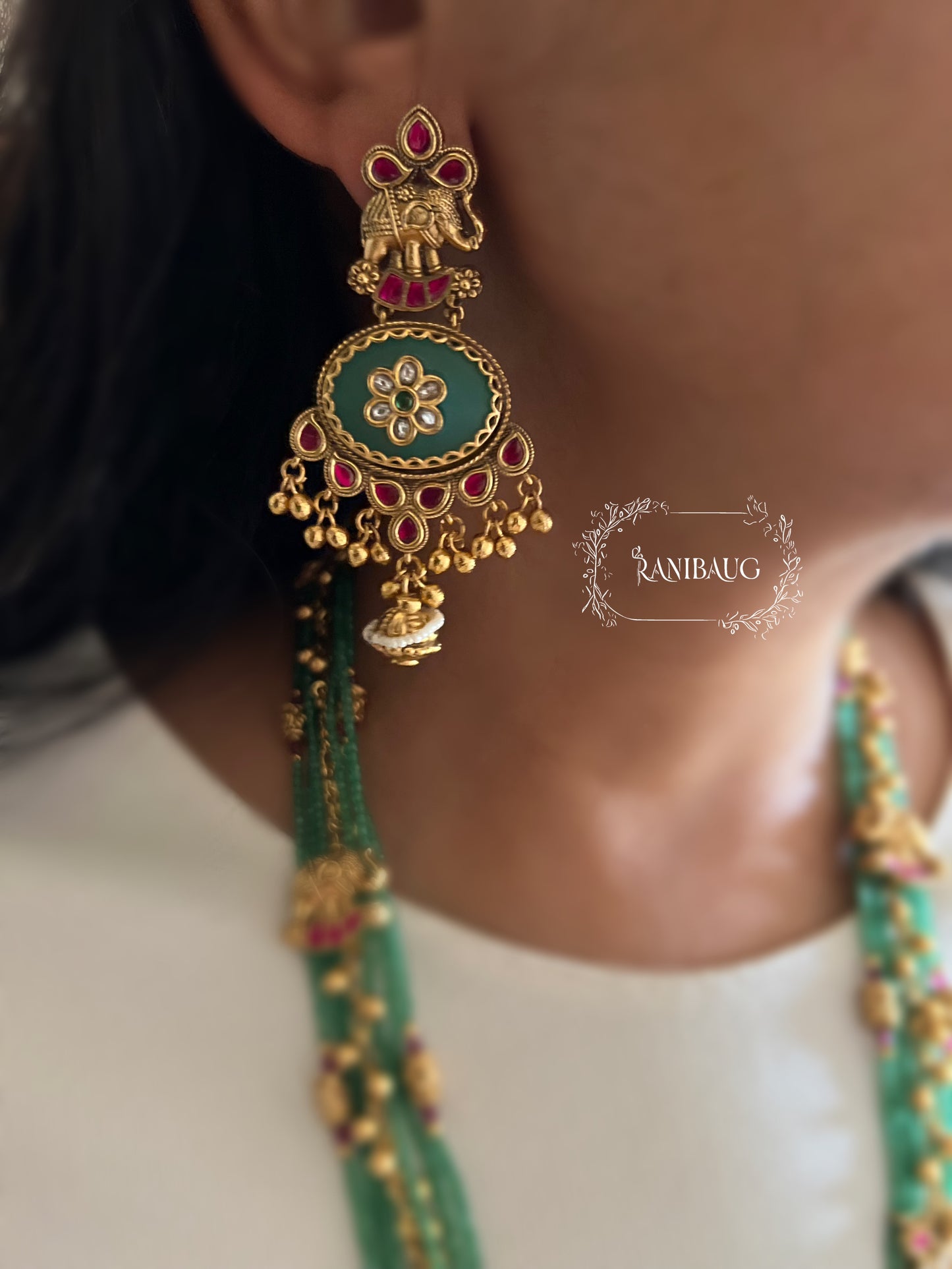 Pratibha Viraasat Gold Finish Beaded Ruby Emerald Royal Long Heritage Necklace Set By Ranibaug