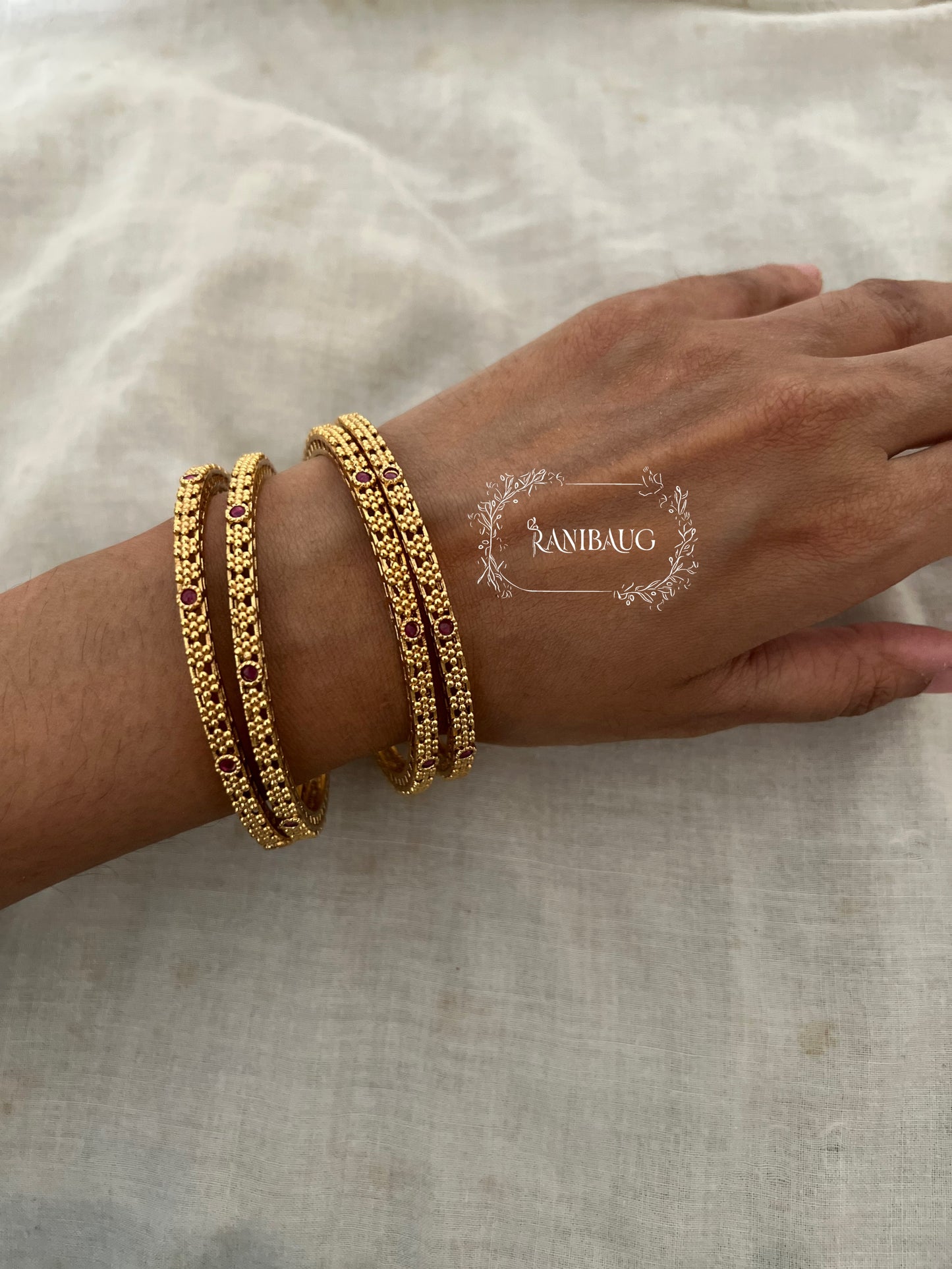 Preet Heritage Ruby Studded Gold Bangles By Ranibaug (Set Of 4)