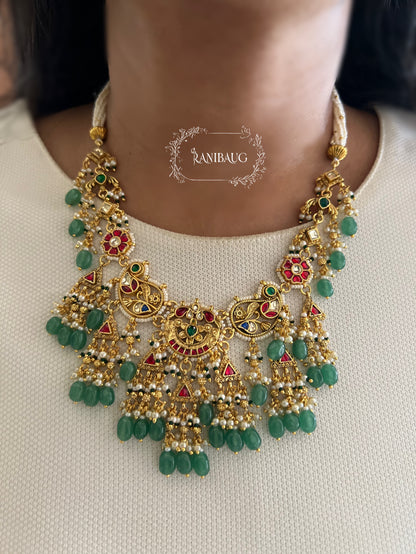 Prerna Festive Gold Finish Emerald Bead Heritage Necklace Jewellery Set By Ranibaug