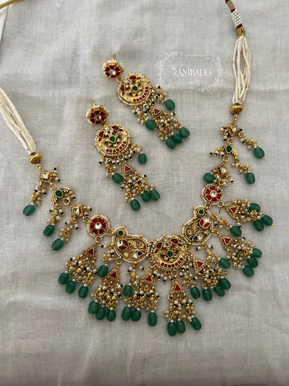 Prerna Festive Gold Finish Emerald Bead Heritage Necklace Jewellery Set By Ranibaug