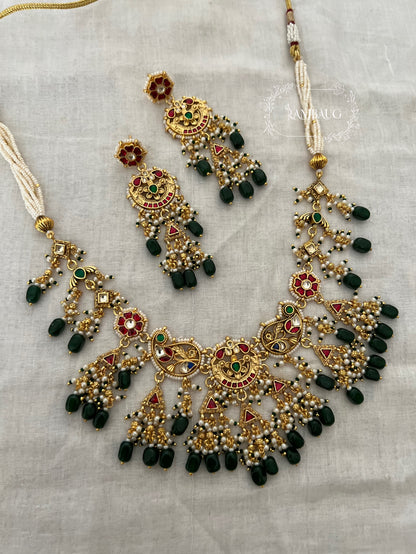 Prerna Festive Gold Finish Emerald Bead Heritage Necklace Jewellery Set By Ranibaug