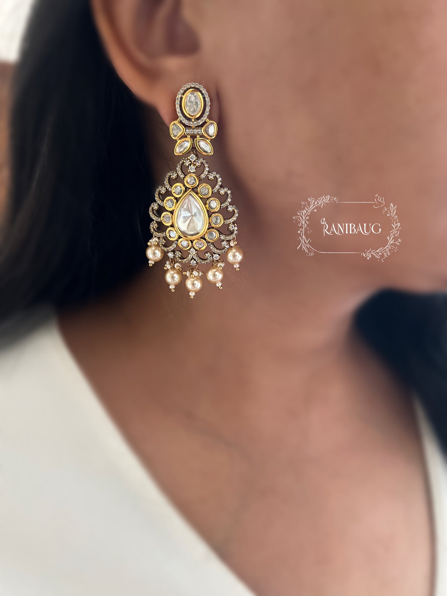 Prisha Antique Gold Indian Wedding Jewelry By Ranibaug |Kundan Polki Drop Earrings