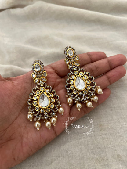 Prisha Antique Gold Indian Wedding Jewelry By Ranibaug |Kundan Polki Drop Earrings