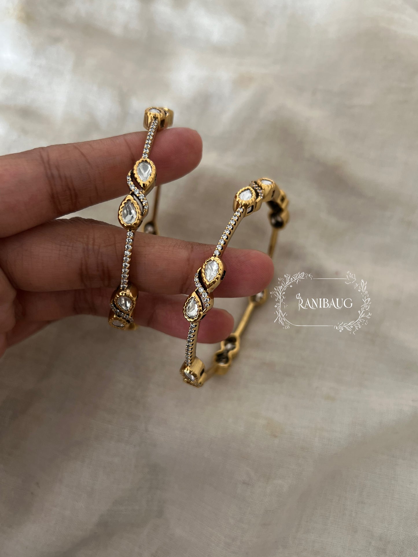 Prisha Designer Gold Finish Teardrop Polki Motif Bangle Jewelry By Ranibaug