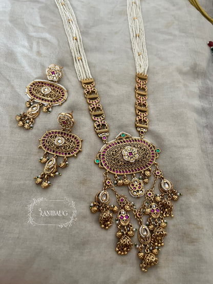 Prishita Rajvilas Pink Mint Enamel Detailing Peal Adorned Gold Finish Heritage Necklace Set By Ranibaug