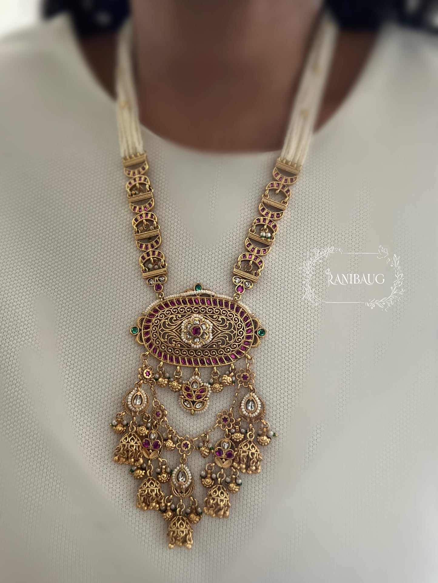 Prishita Rajvilas Pink Mint Enamel Detailing Peal Adorned Gold Finish Heritage Necklace Set By Ranibaug