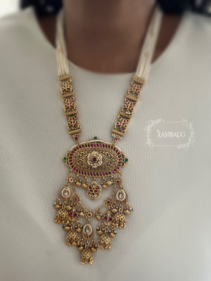 Prishita Rajvilas Pink Mint Enamel Detailing Peal Adorned Gold Finish Heritage Necklace Set By Ranibaug