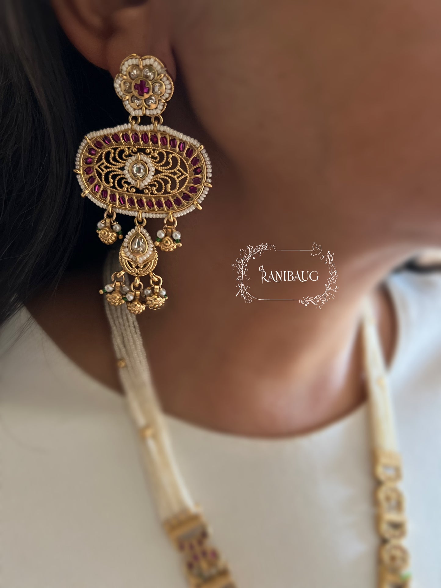 Prishita Rajvilas Pink Mint Enamel Detailing Peal Adorned Gold Finish Heritage Necklace Set By Ranibaug