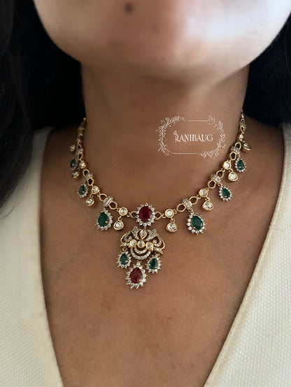 Pritisha Gold Finish Polki Ruby And Emerald Multi Color Drop Motif Designer Necklace Set By Ranibaug