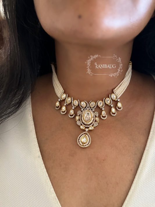 Priyamvada Polki Kundan Studded Necklace Set In Intricate Gold Detailing By Ranibaug
