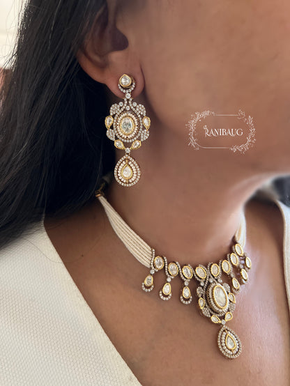 Priyamvada Polki Kundan Studded Necklace Set In Intricate Gold Detailing By Ranibaug
