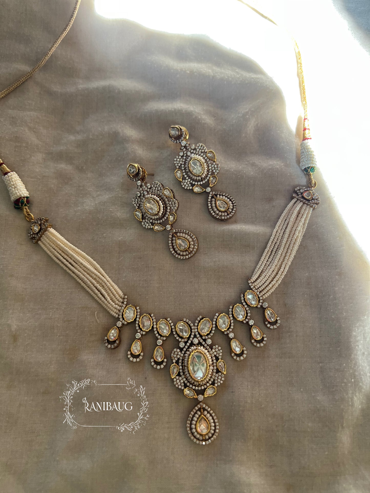 Priyamvada Polki Kundan Studded Necklace Set In Intricate Gold Detailing By Ranibaug