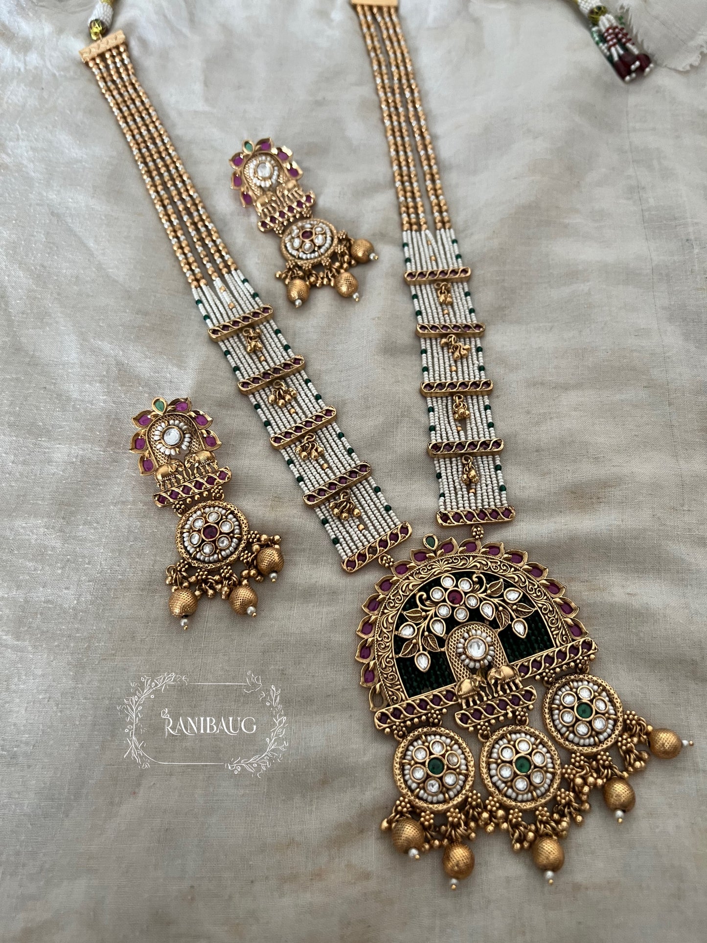 Priyamvada Rajmahal Gold Finish Intricate Pearl Strand Heritage Necklace Set By Ranibaug