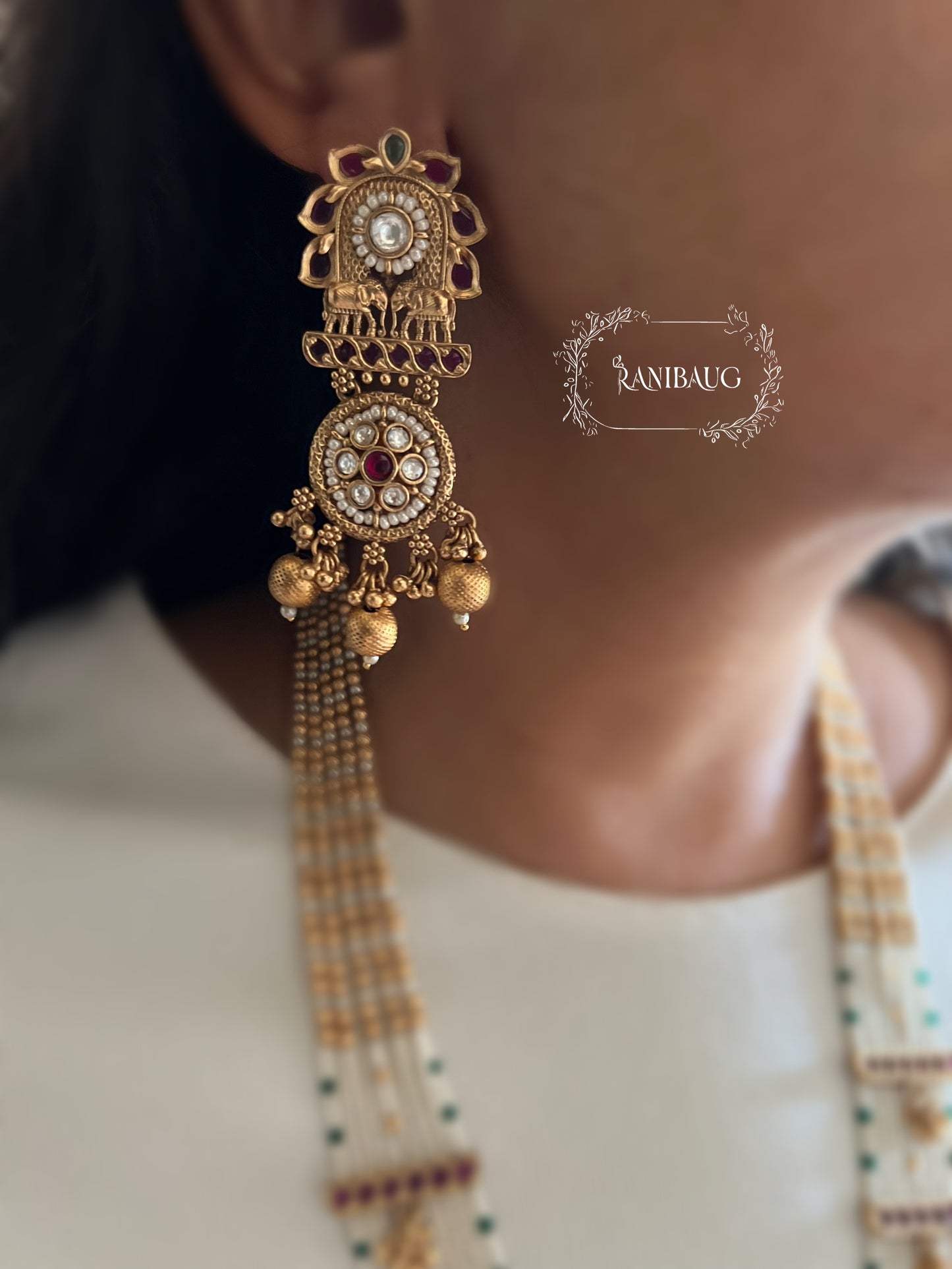 Priyamvada Rajmahal Gold Finish Intricate Pearl Strand Heritage Necklace Set By Ranibaug