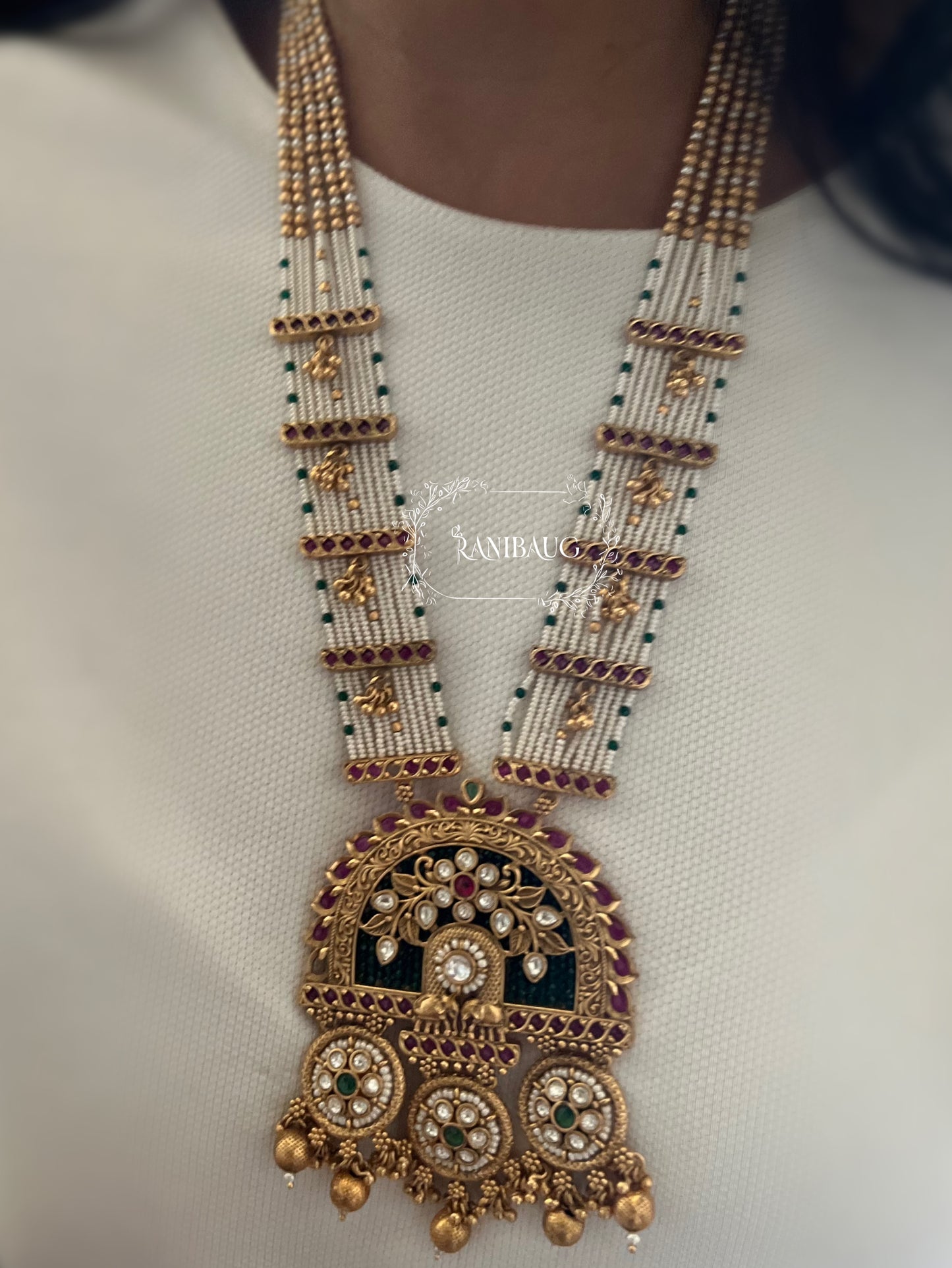 Priyamvada Rajmahal Gold Finish Intricate Pearl Strand Heritage Necklace Set By Ranibaug