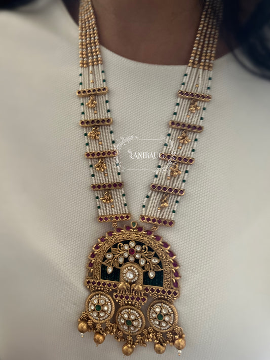 Priyamvada Rajmahal Gold Finish Intricate Pearl Strand Heritage Necklace Set By Ranibaug