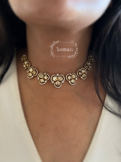 Purnima Floral Motif Polki Gold Finish Necklace Set By Ranibaug