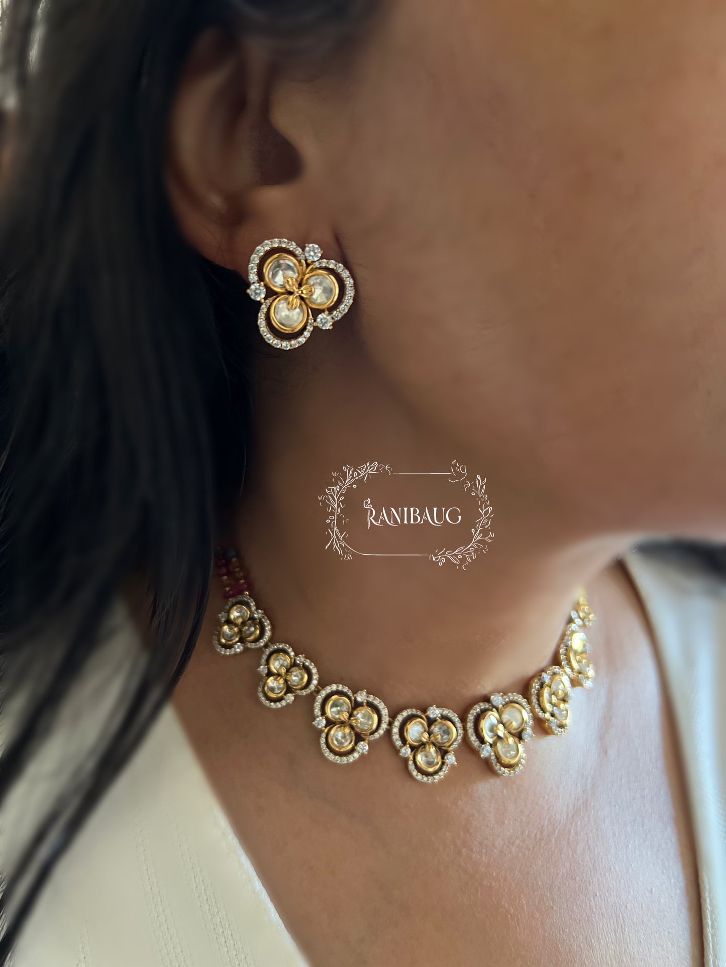 Purnima Floral Motif Polki Gold Finish Necklace Set By Ranibaug