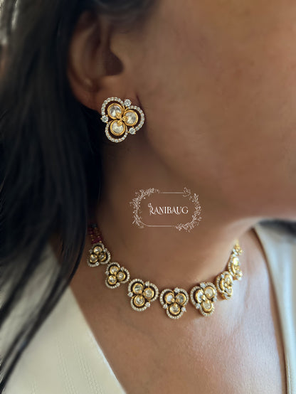 Purnima Floral Motif Polki Gold Finish Necklace Set By Ranibaug