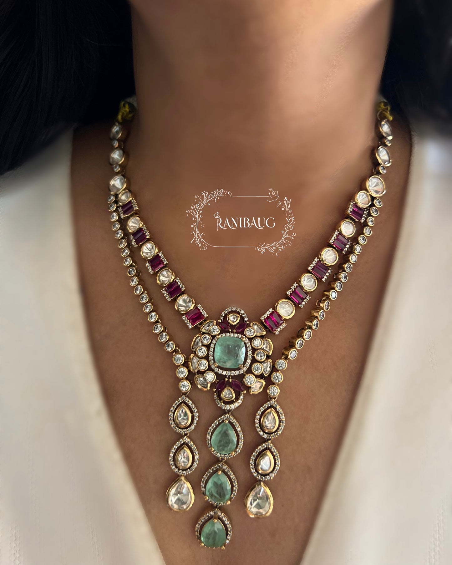 Purva Layered Aqua Drop Polki Studded Ruby Highlights Necklace With Earrings By Ranibaug