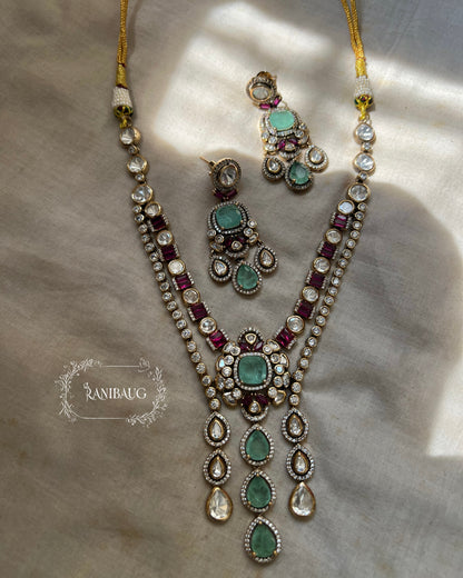 Purva Layered Aqua Drop Polki Studded Ruby Highlights Necklace With Earrings By Ranibaug