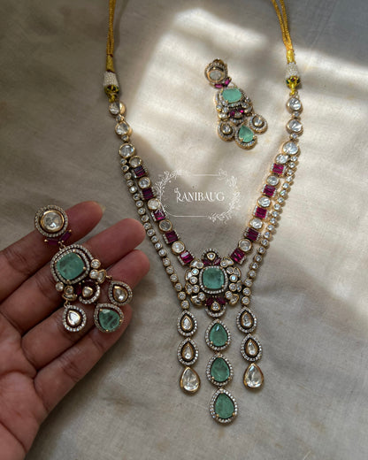 Purva Layered Aqua Drop Polki Studded Ruby Highlights Necklace With Earrings By Ranibaug