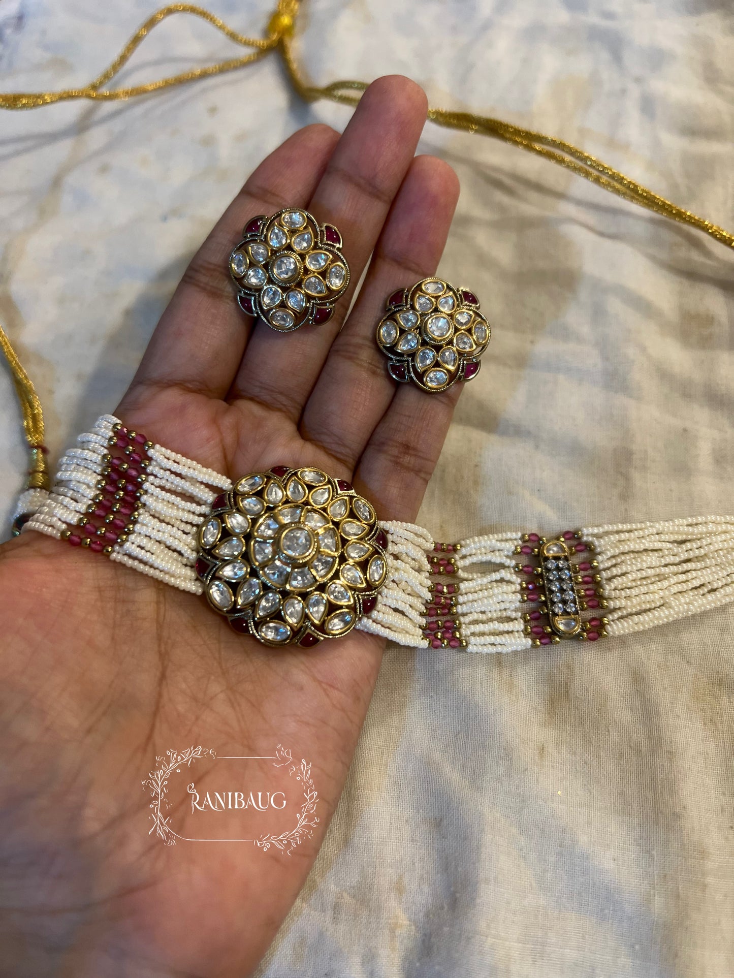 Purvaja Royal Kundan Floral Motif Pearl Strands Traditional Choker Necklace Set By Ranibaug