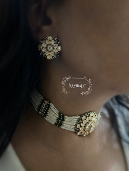 Purvaja Royal Kundan Floral Motif Pearl Strands Traditional Choker Necklace Set By Ranibaug