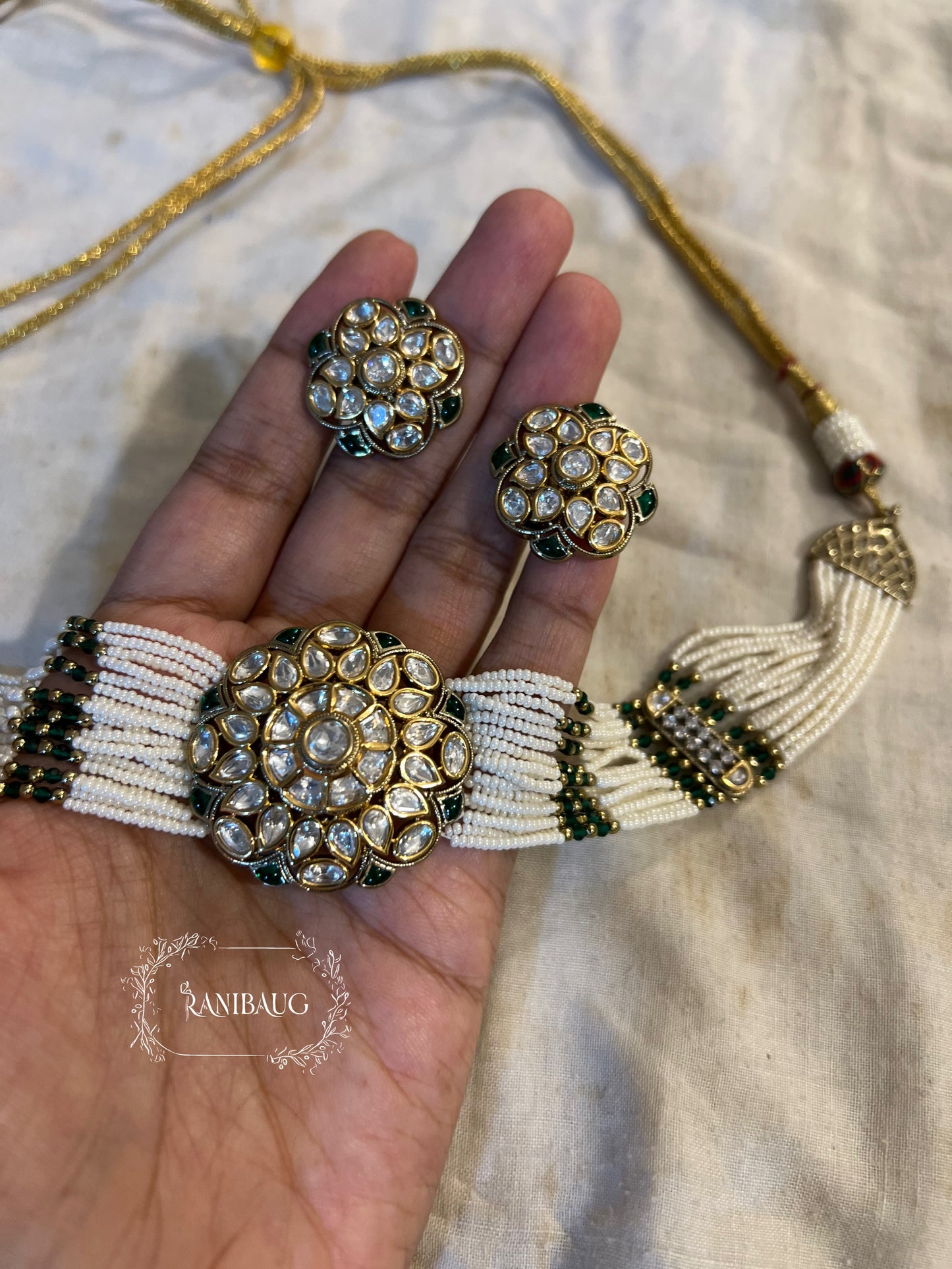 Purvaja Royal Kundan Floral Motif Pearl Strands Traditional Choker Necklace Set By Ranibaug