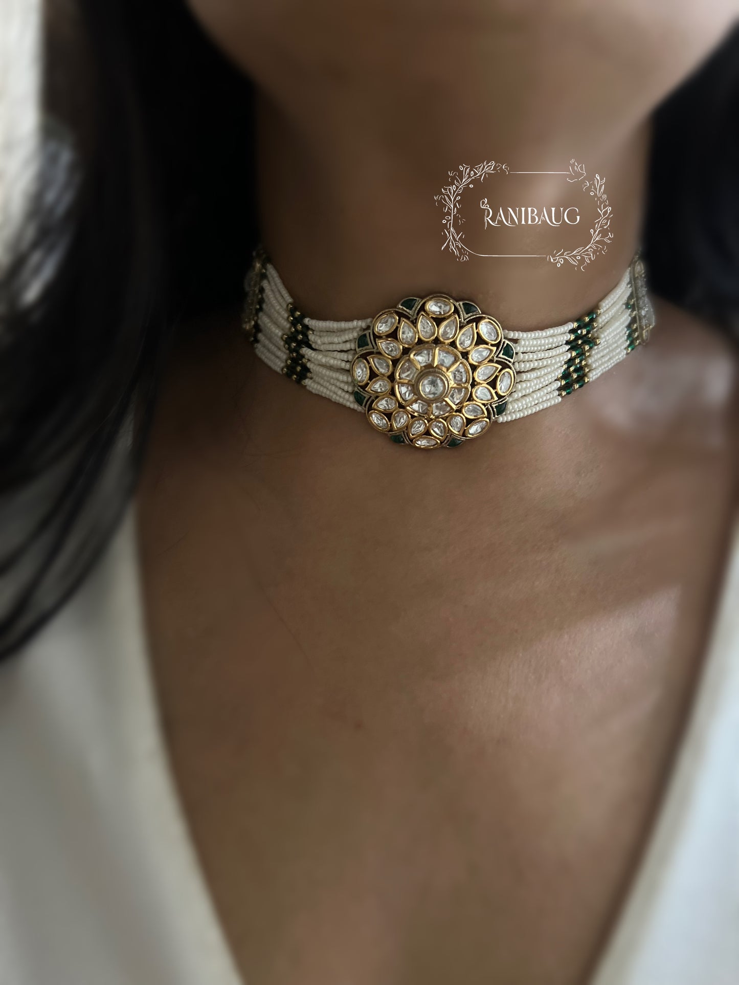 Purvaja Royal Kundan Floral Motif Pearl Strands Traditional Choker Necklace Set By Ranibaug