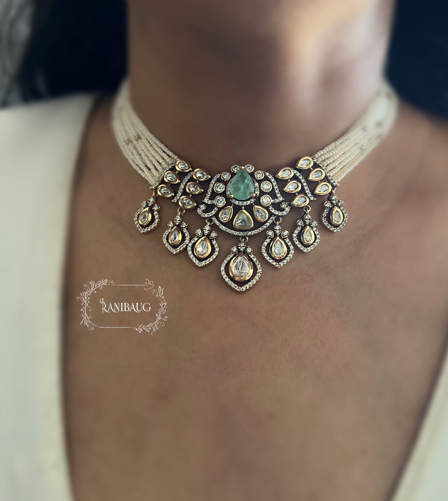 Purvi Pearl Multi Strand Polki Studded Gold Finish Necklace Jewelry Set By Ranibaug