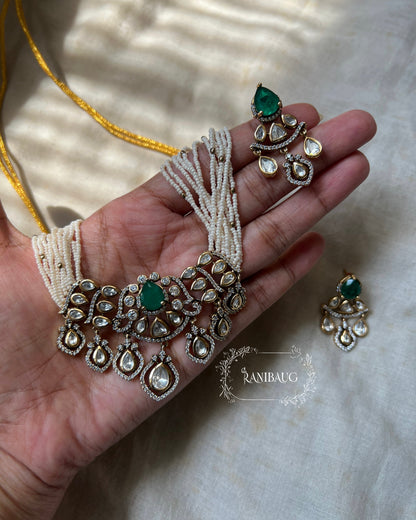 Purvi Pearl Multi Strand Polki Studded Gold Finish Necklace Jewelry Set By Ranibaug