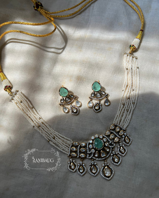 Purvi Pearl Multi Strand Polki Studded Gold Finish Necklace Jewelry Set By Ranibaug