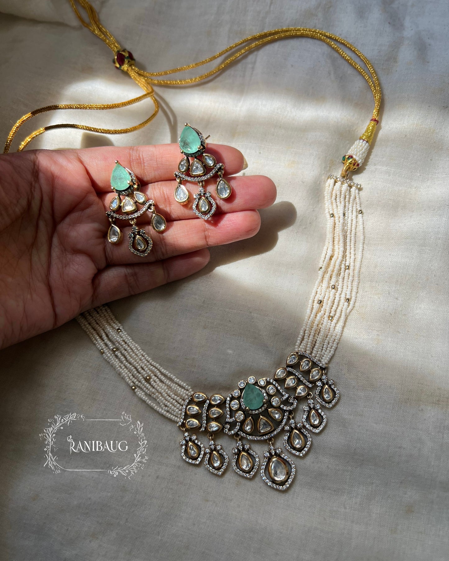 Purvi Pearl Multi Strand Polki Studded Gold Finish Necklace Jewelry Set By Ranibaug
