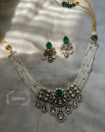 Purvi Pearl Multi Strand Polki Studded Gold Finish Necklace Jewelry Set By Ranibaug