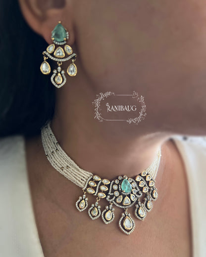 Purvi Pearl Multi Strand Polki Studded Gold Finish Necklace Jewelry Set By Ranibaug