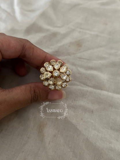 Pushpa Flower Gold Finish Polki Ring Jewelry By Ranibaug