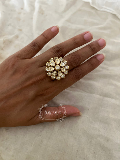 Pushpa Flower Gold Finish Polki Ring Jewelry By Ranibaug