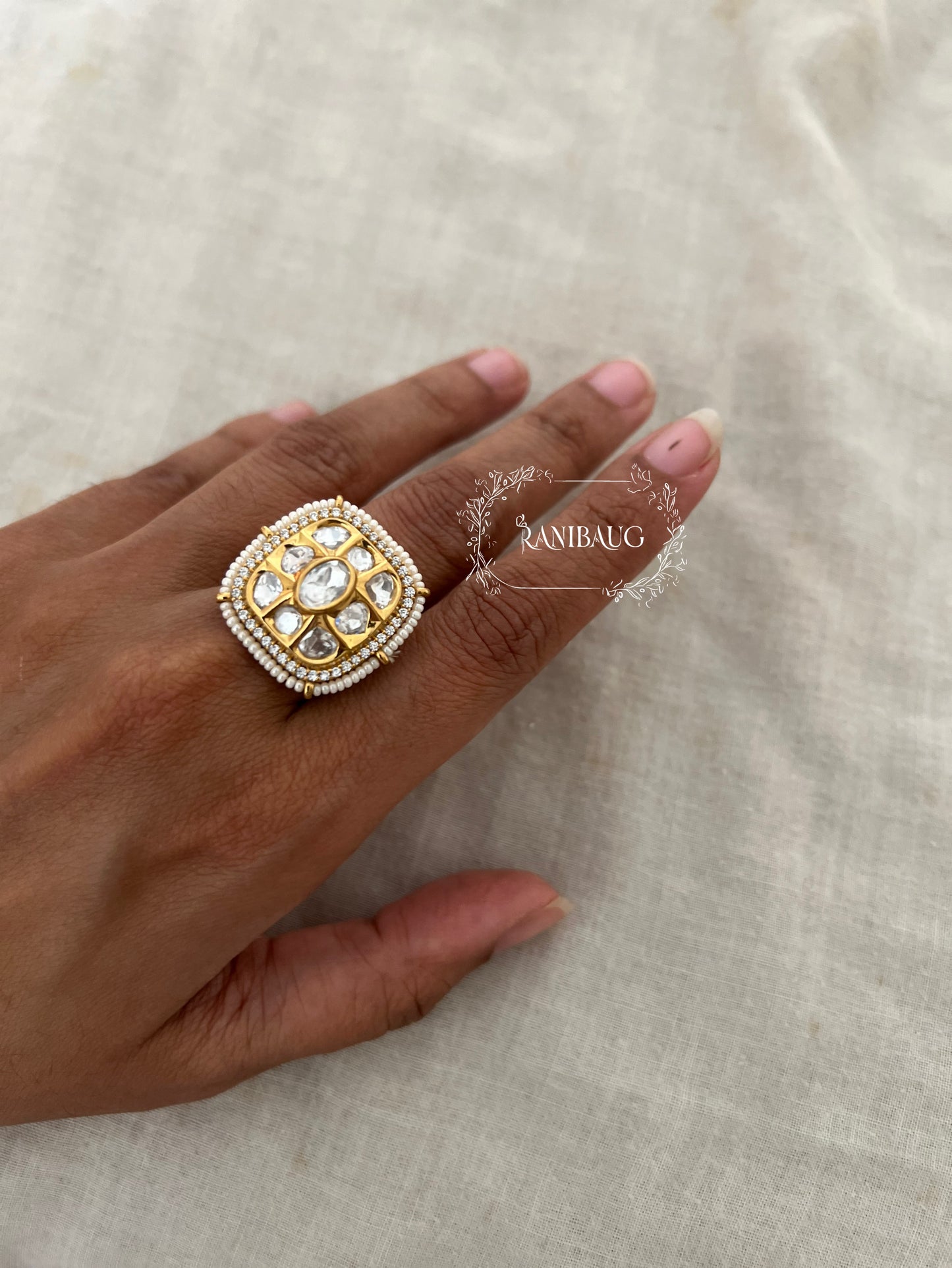 Pushpa Rich Gold Tone Kundan Studded Outlined With Tiny Pearls Traditional Square White Ring By Ranibaug