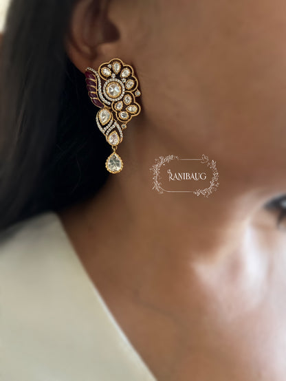 Pushpika Intricate Floral Bloom Designer Gold Finish Teardrop Polki Drop Earrings By Ranibaug
