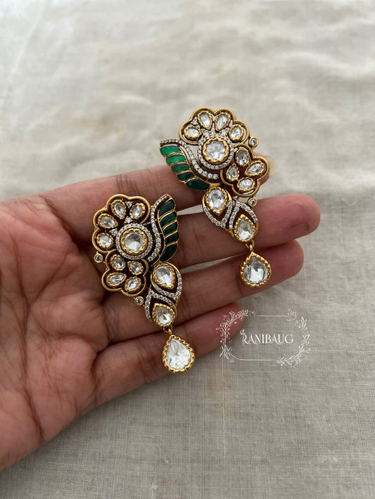 Pushpika Intricate Floral Bloom Designer Gold Finish Teardrop Polki Drop Earrings By Ranibaug