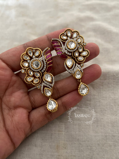 Pushpika Intricate Floral Bloom Designer Gold Finish Teardrop Polki Drop Earrings By Ranibaug