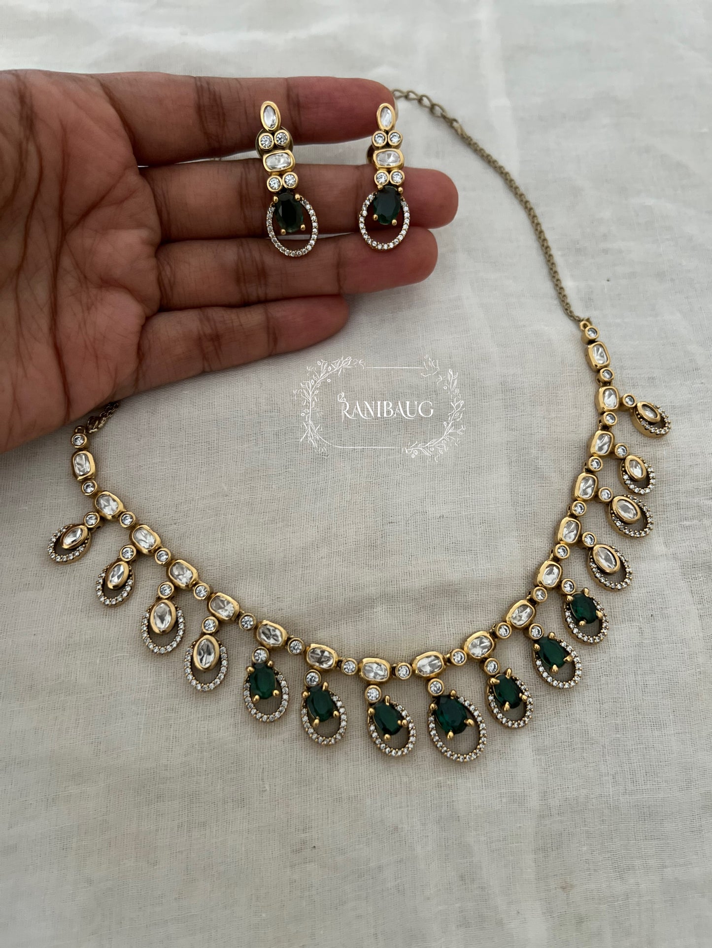 Raavina Polki Teardrop Gold Finish Designer Necklace Jewelry Set By Ranibaug