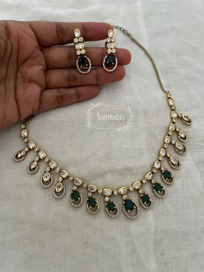 Raavina Polki Teardrop Gold Finish Designer Necklace Jewelry Set By Ranibaug