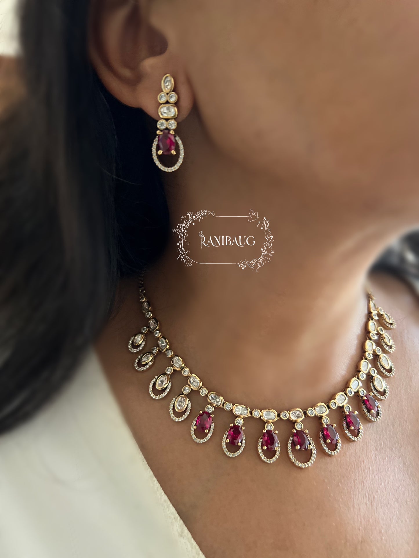 Raavina Polki Teardrop Gold Finish Designer Necklace Jewelry Set By Ranibaug