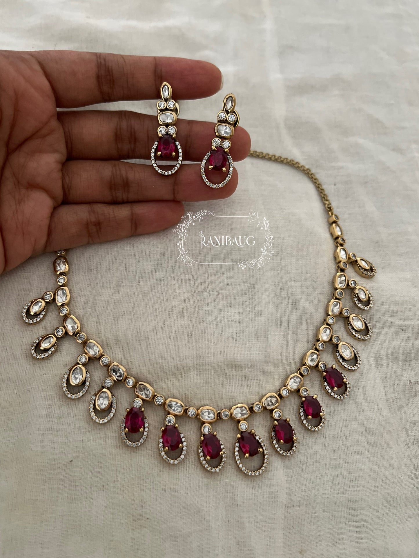 Raavina Polki Teardrop Gold Finish Designer Necklace Jewelry Set By Ranibaug