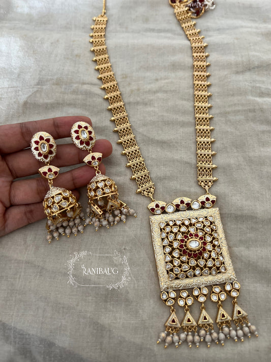 Raavya Polki Studded Rich Gold Finish White And Red Enamel Work Long Heritage Necklace Set By Ranibaug