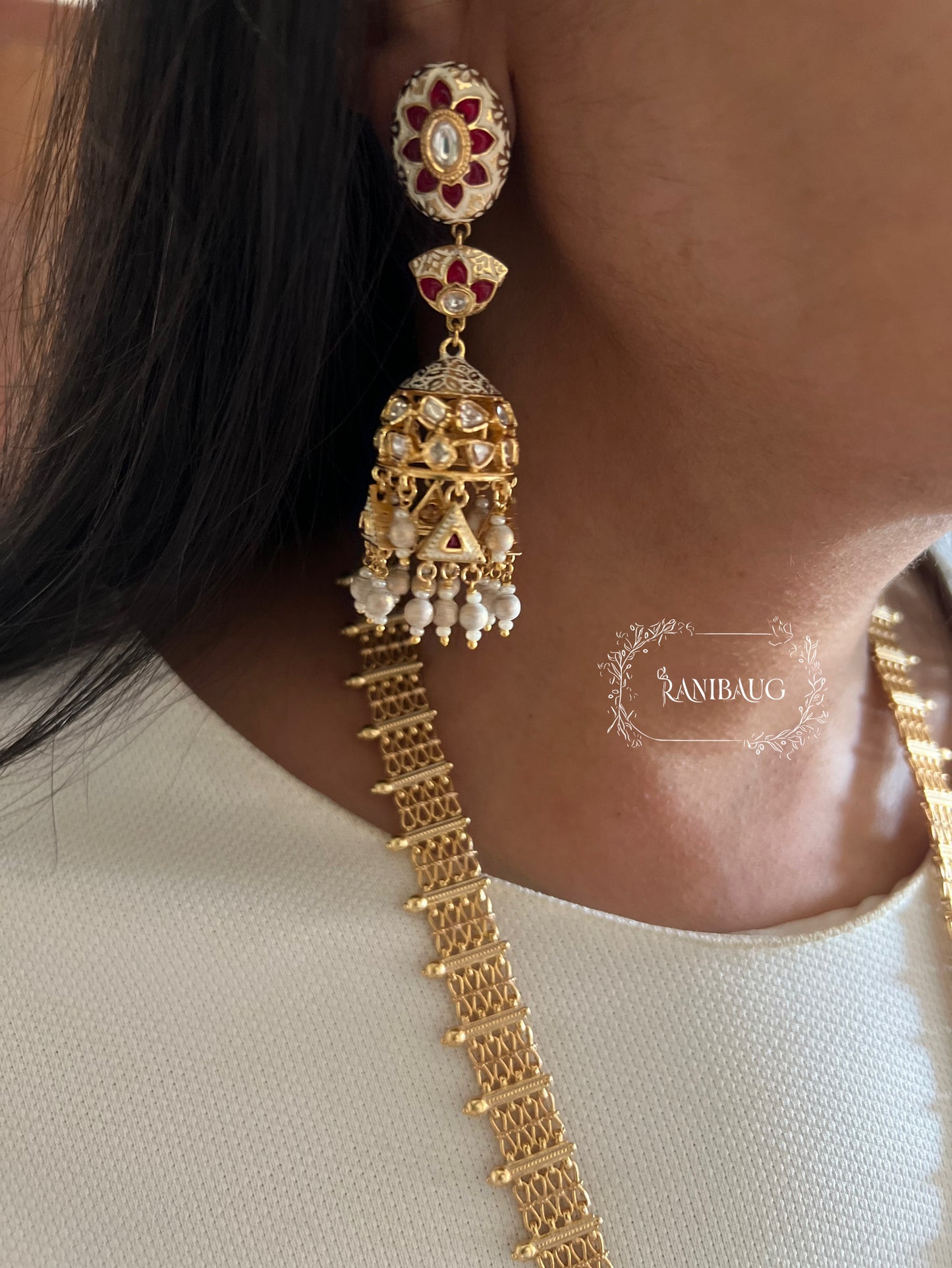 Raavya Polki Studded Rich Gold Finish White And Red Enamel Work Long Heritage Necklace Set By Ranibaug