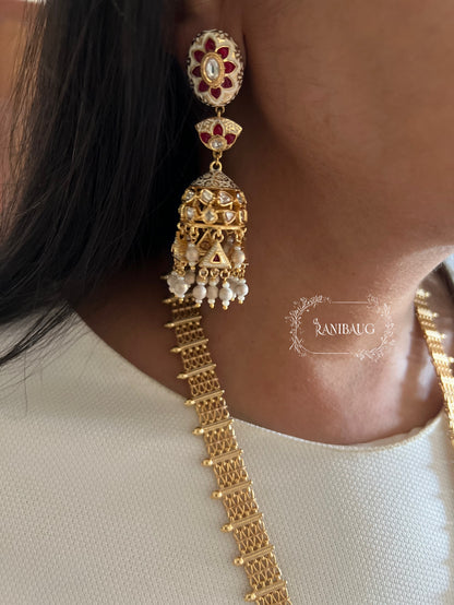 Raavya Polki Studded Rich Gold Finish White And Red Enamel Work Long Heritage Necklace Set By Ranibaug