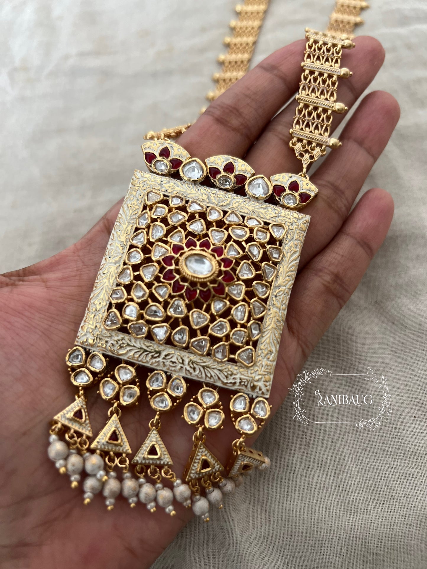 Raavya Polki Studded Rich Gold Finish White And Red Enamel Work Long Heritage Necklace Set By Ranibaug